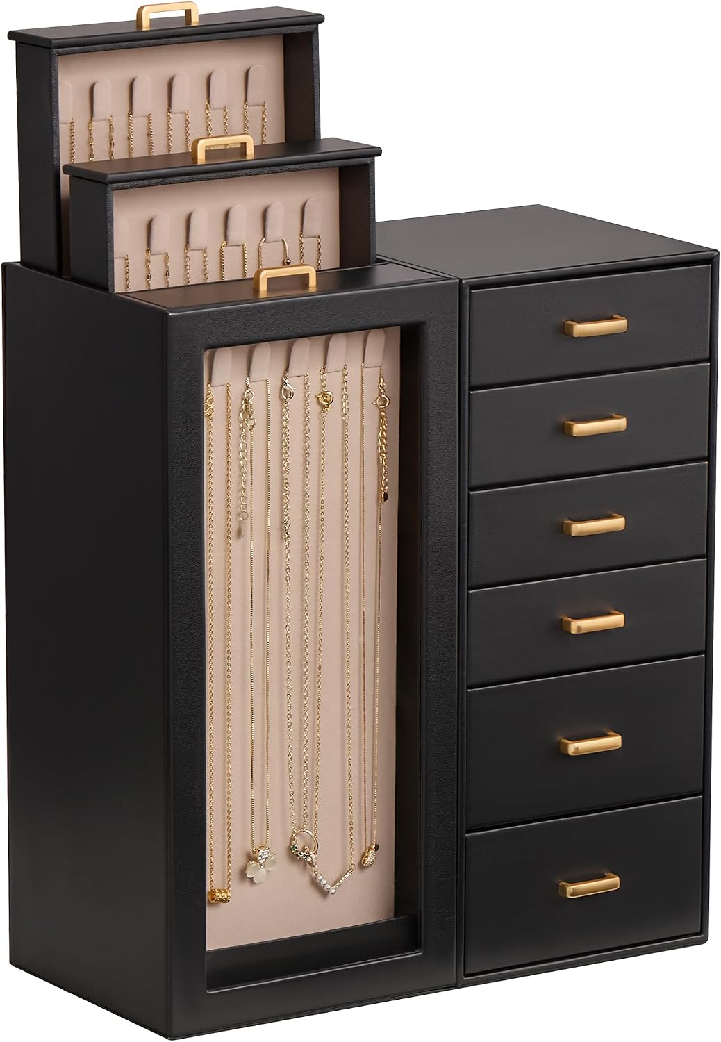 Lolalet Large Jewelry Box Organizer for Women, PU Leather Jewelry Case with Necklace Holder & Multiple Drawers, Tabletop Dresser Storage for Earrings Rings Chains, Gift for Girls -M, Black