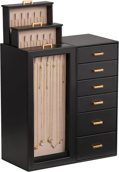 Lolalet Large Jewelry Box Organizer for Women, PU Leather Jewelry Case with Necklace Holder & Multiple Drawers, Tabletop Dresser Storage for Earrings Rings Chains, Gift for Girls -M, Black