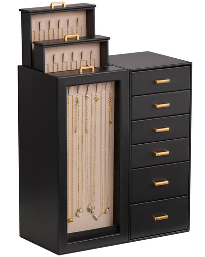 Lolalet Large Jewelry Box Organizer for Women, PU Leather Jewelry Case with Necklace Holder & Multiple Drawers, Tabletop Dresser Storage for Earrings Rings Chains, Gift for Girls -M, Black