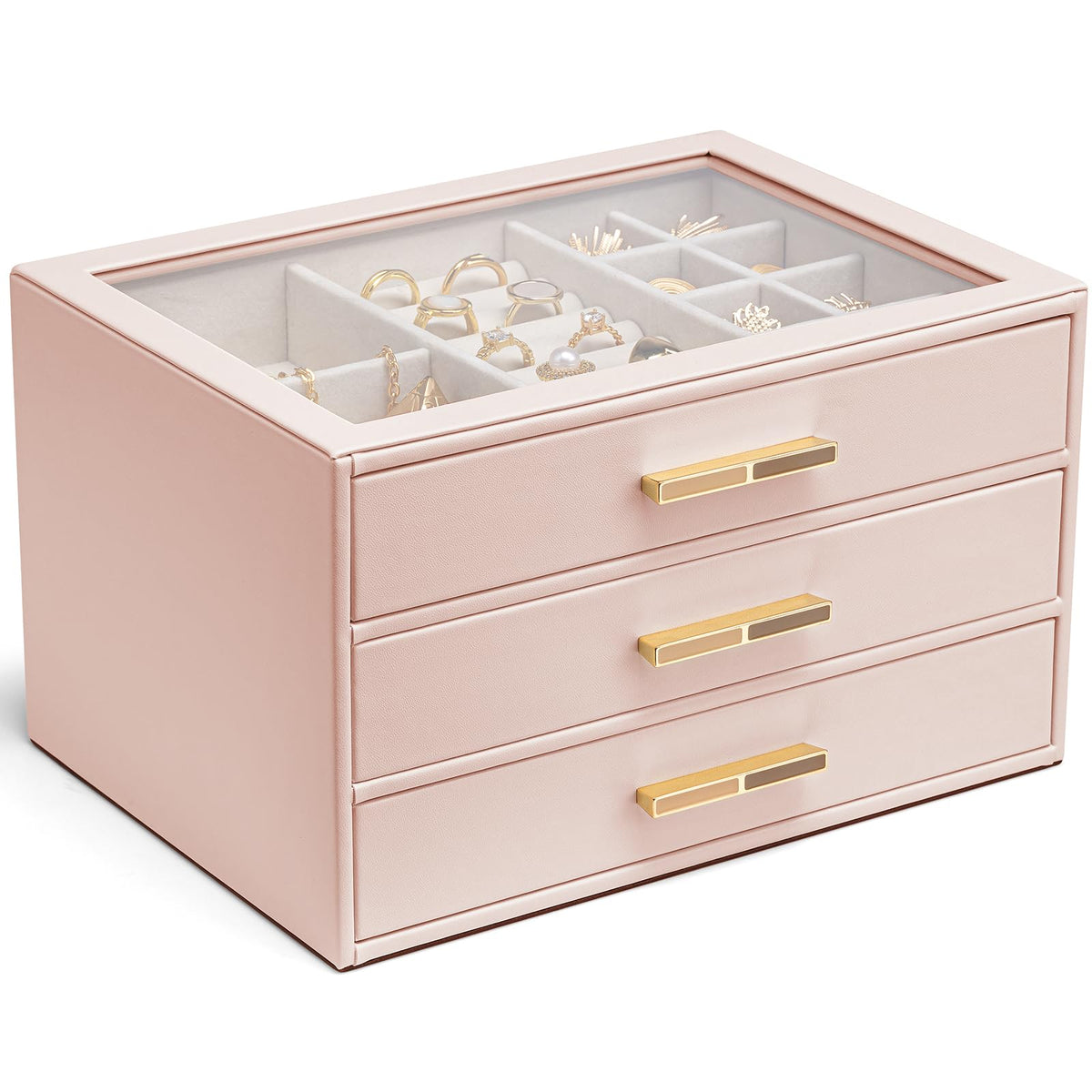 VLANDO Jewelry Box Organizer, 3-Layer Storage Drawers, Glass Window, Modern
