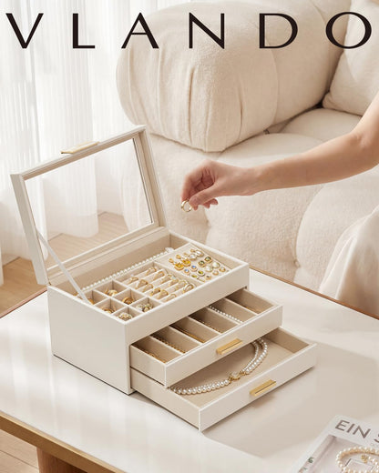 VLANDO Jewelry Box Organizer, 3-Layer Storage with Glass Window