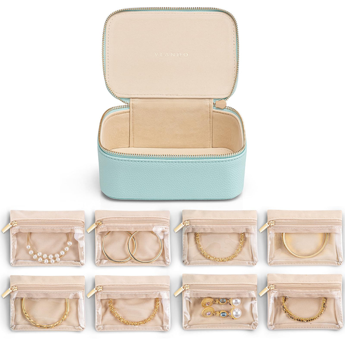 VLANDO Jewelry Boxes for Women with 12 Clear Velvet Zipper Pouches,Green