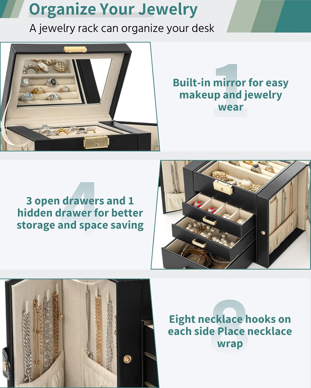 AKOZLIN 4-Tier Jewelry Box 3 Drawers Jewelry Storage Organizer for Women