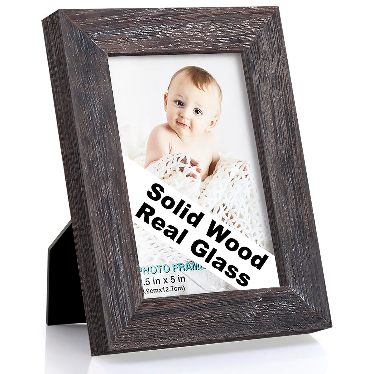 RPJC 5x7 Solid Wood Picture Frame with Real Glass Cover Black
