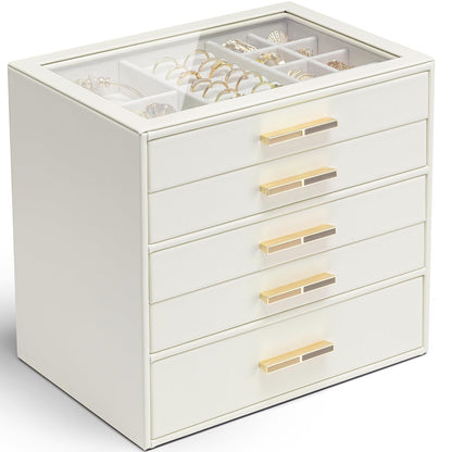 VLANDO Jewelry Box Organizer, 3-Layer Storage Drawers, Glass Window, Modern