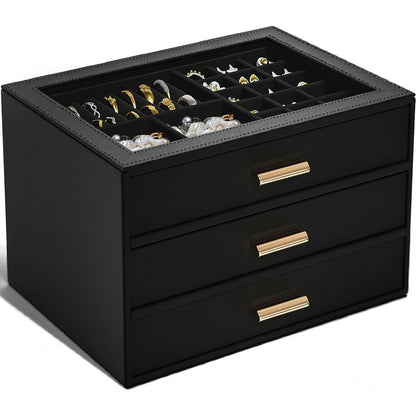 AKOZLIN Jewelry Box Organizer with Clear Lid 2 Drawers Black