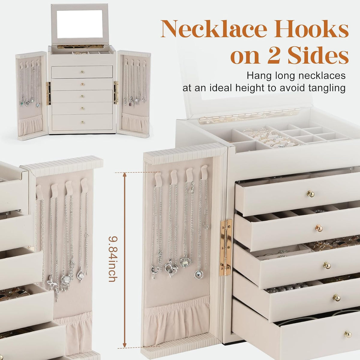 Dajasan Large Jewelry Organizer Box, Jewelry Boxes for Women Girls, 6-Tier Jewelry Storage Organizer with Mirror for Necklace Ring Bracelet Watch, Gift Idea (Beige)