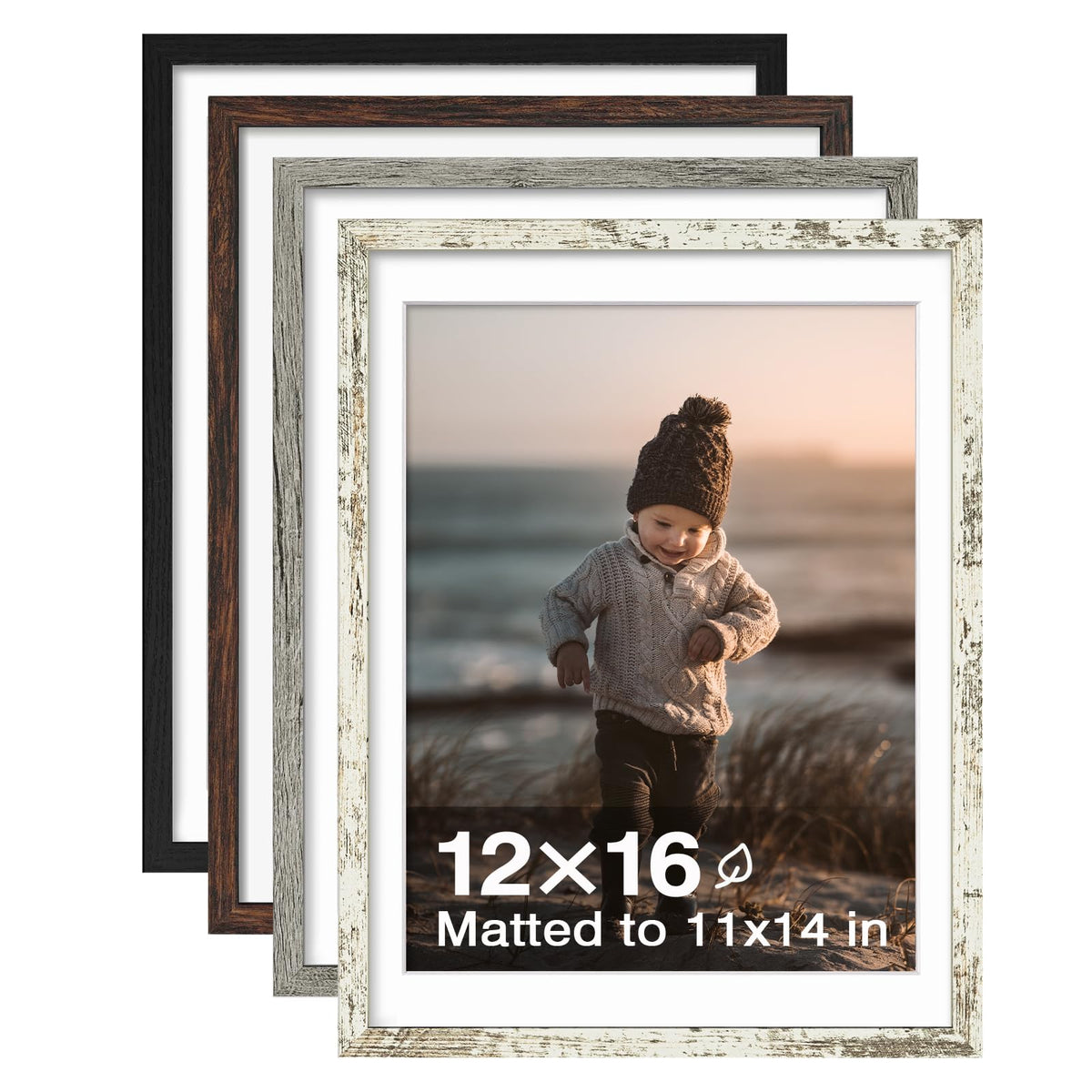 KINLINK 5x7 Picture Frame White Set of 4, Wooden Photo Frames Matted 4x6 with Plexiglass for 4x6 with Mat or 5x7 without Mat for Table and Wall Display