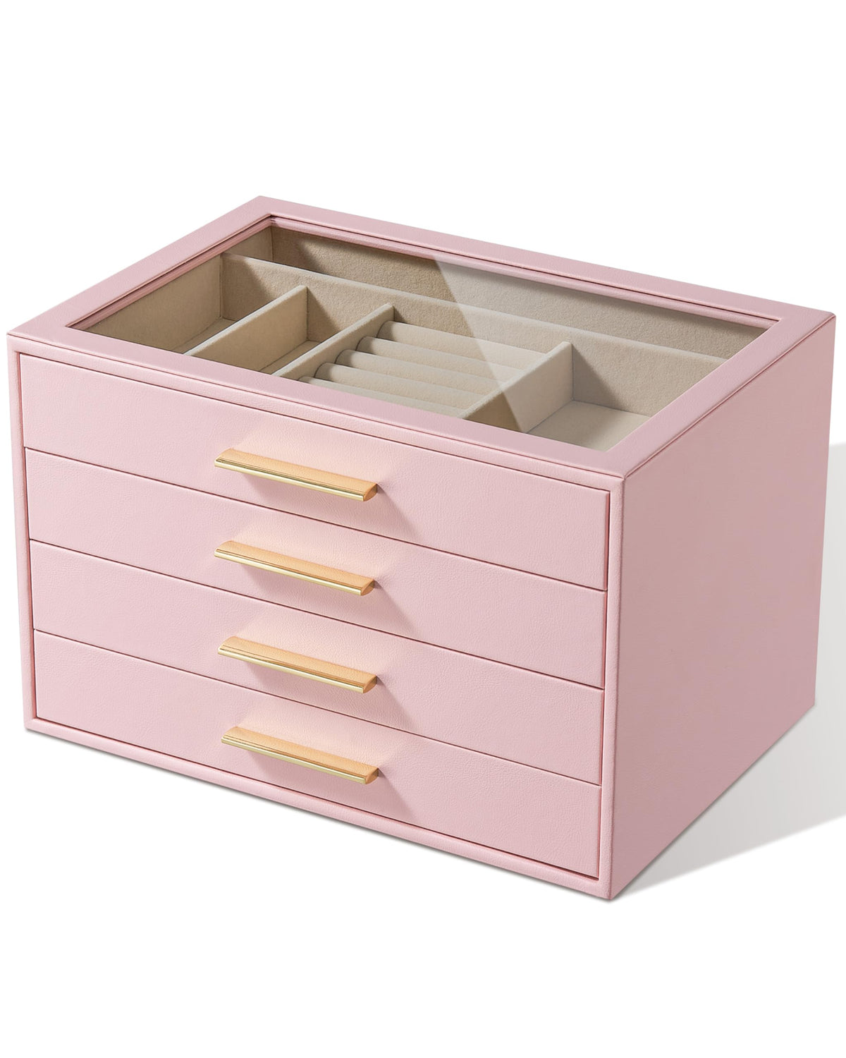 Jewelry Box Organizer Storage Case, 3-Layer with Glass Window, White