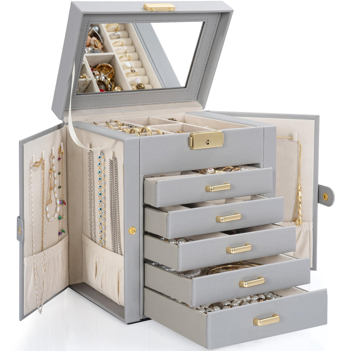 TORIBIO Jewelry Box for Women, Leather Jewelry Organizer with Mirror & Lock, 3-Tier Jewelry Storage Organizer with 2 Drawers for Girls/Women/Mothers, Necklace Earring Bracelets Holder Organizer