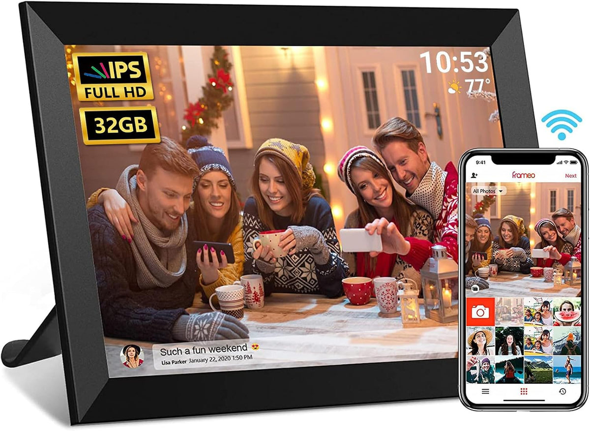 Frameo 10.1 Inch WiFi Digital Photo Frame, 32GB Digital Picture Frame with 1280x800 IPS HD Touch Screen, Auto-Rotate Wall Mount, Easy Share Photos/Videos from Phone - Gifts for Mom