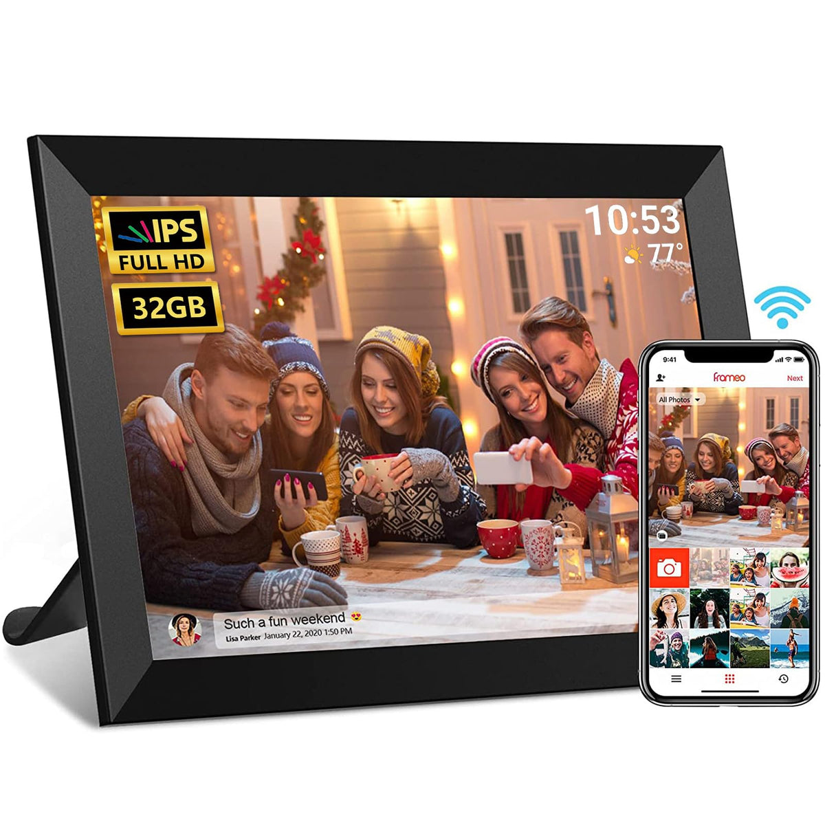 Frameo 10.1 Inch WiFi Digital Photo Frame, 32GB Digital Picture Frame with 1280x800 IPS HD Touch Screen, Auto-Rotate Wall Mount, Easy Share Photos/Videos from Phone - Gifts for Mom