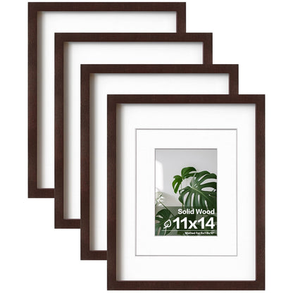 Egofine 11x14 Picture Frames 4 Pack Display Pictures 5x7/8x10 with Mat or 11x14 Without Mat Made of Solid Wood Covered by Plexiglass for Table Top Display and Wall Mounting Photo Frame, Light Brown