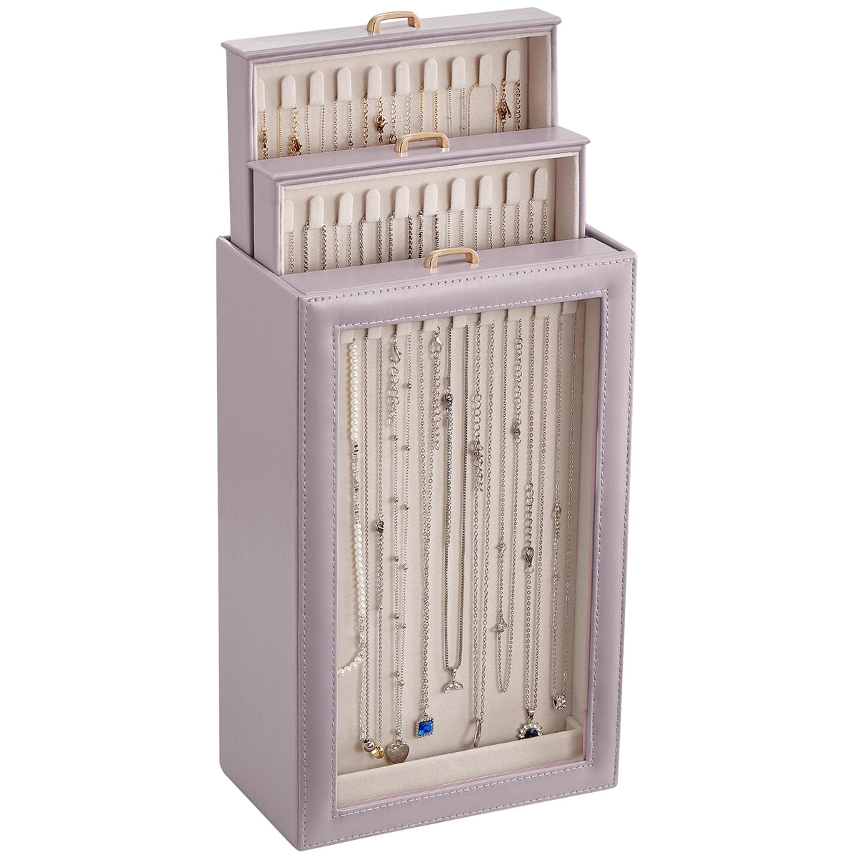 Lolalet Necklace Organizer Box, Jewelry Display Case, White, 3 Layers