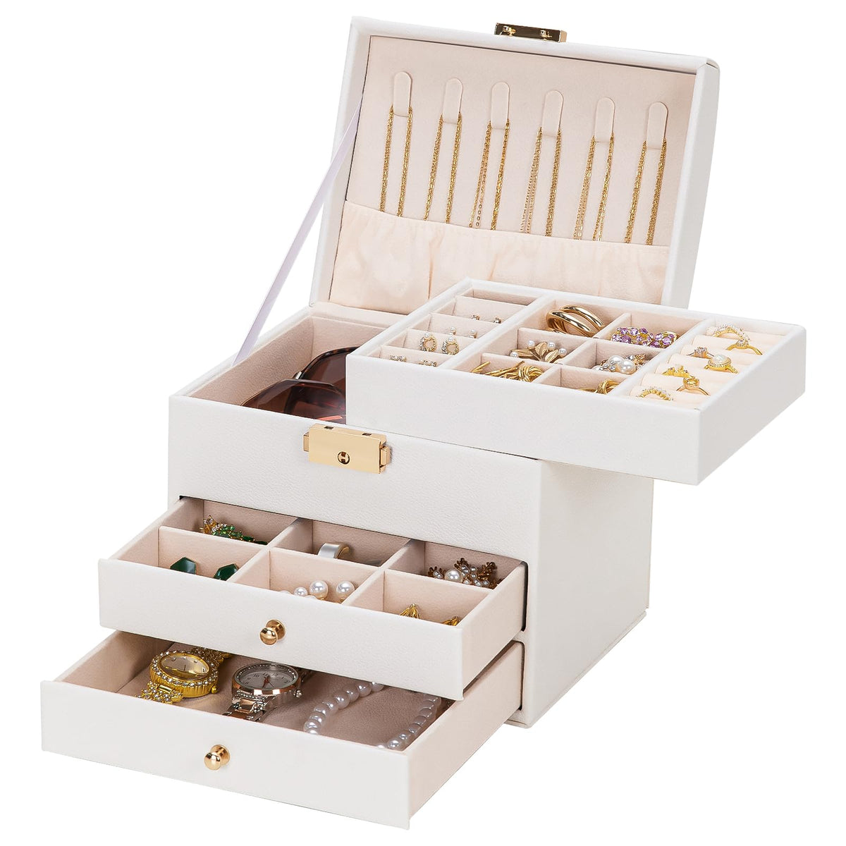 Homde Small Jewelry Box for Girls: 3-Layer Lockable Organizer (Cloud White)