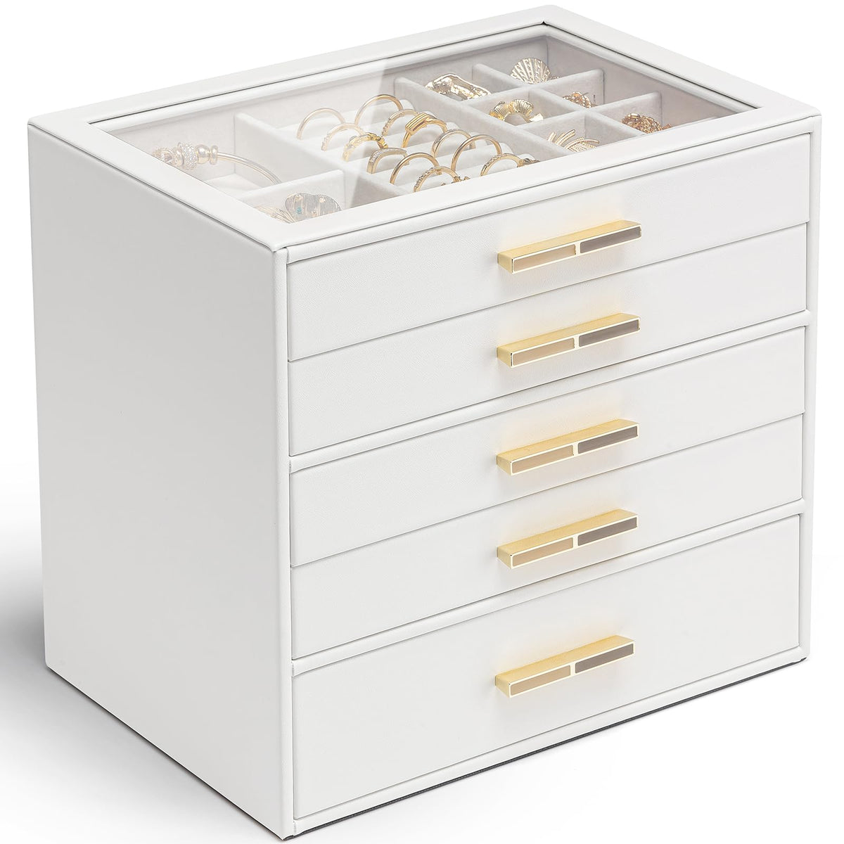 VLANDO Jewelry Box Organizer, 3-Layer Storage Drawers, Glass Window, Modern