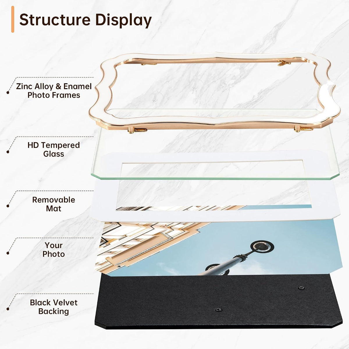 4x6 Enamel Picture Frame with HD-Tempered Glass, Display 3x5 Photo with Mat, Ornate Photo Frame with Gold Metal Edge & Velvet Back for Tabletop & Wall Mount Vertically or Horizontally Display, White