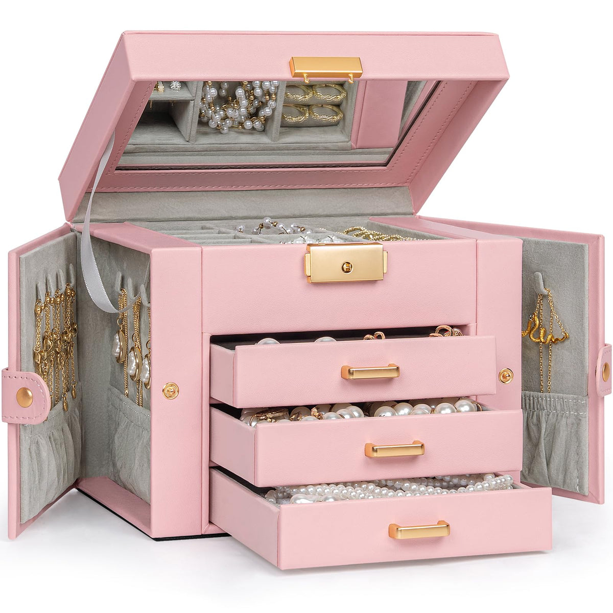 TORIBIO Jewelry Box for Women, Leather Jewelry Organizer with Mirror & Lock, 3-Tier Jewelry Storage Organizer with 2 Drawers for Girls/Women/Mothers, Necklace Earring Bracelets Holder Organizer