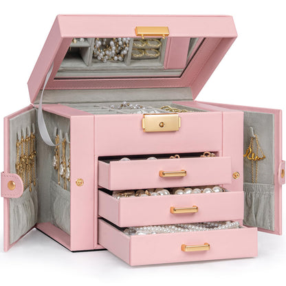 TORIBIO Jewelry Box for Women, Leather Jewelry Organizer with Mirror & Lock, 3-Tier Jewelry Storage Organizer with 2 Drawers for Girls/Women/Mothers, Necklace Earring Bracelets Holder Organizer