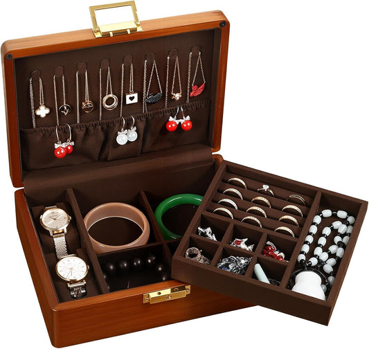2 Layer Anti Tarnish Solid Wood Jewelry Organizer Box with Lock