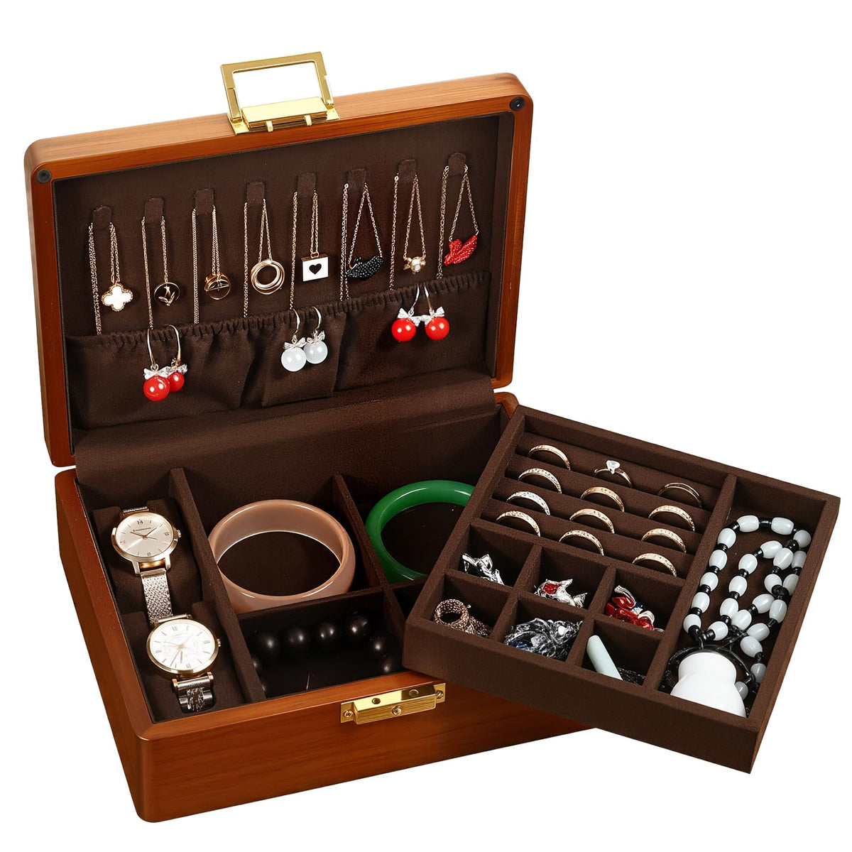 2 Layer Anti Tarnish Solid Wood Jewelry Organizer Box with Lock