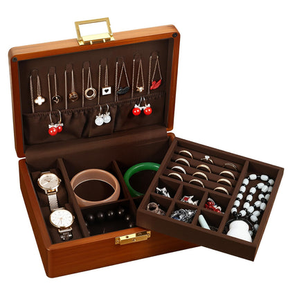 2 Layer Anti Tarnish Solid Wood Jewelry Organizer Box with Lock