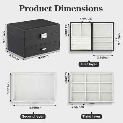 Dajasan Jewelry Organizer Box, Large Jewelry Boxes for Women Girls, Space-Saving 3 Layers Jewelry Storage Case with Drawer, Movable Metal Stand, Modern, Gift Idea (Black)