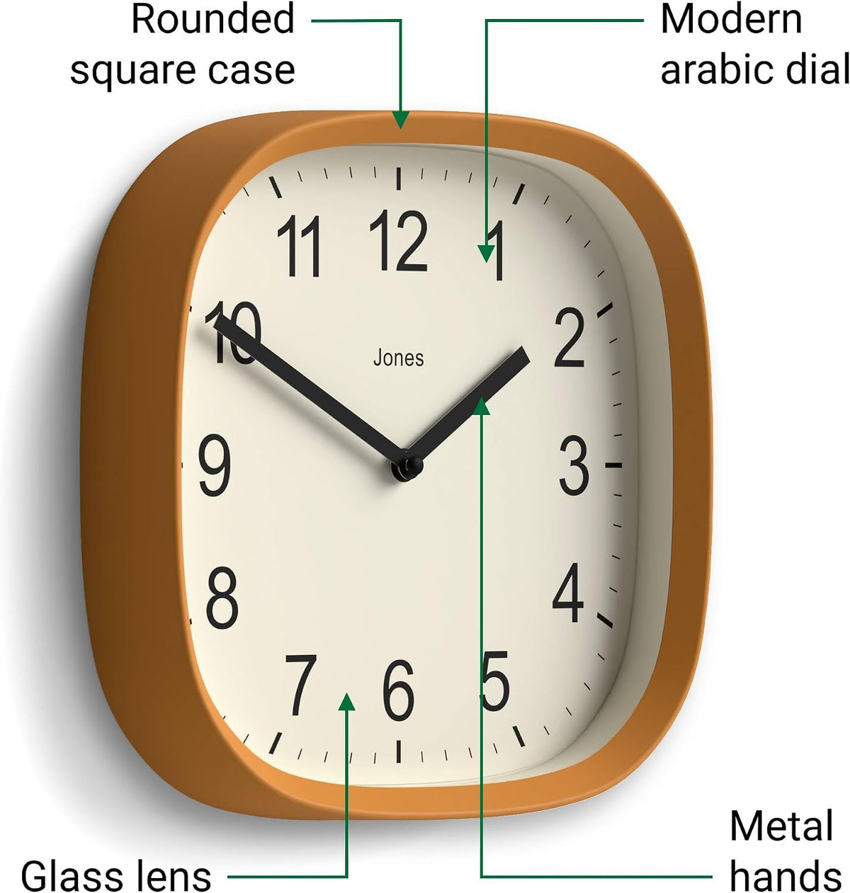 JONES CLOCKS® Sprite wall Clock | Modern Square Clock | 10" | Yellow