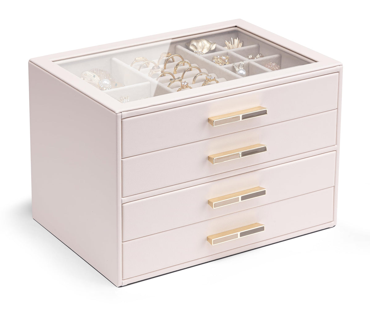 VLANDO Jewelry Box Organizer, 3-Layer Storage Drawers, Glass Window, Modern
