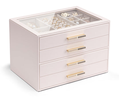 VLANDO Jewelry Box Organizer, 3-Layer Storage Drawers, Glass Window, Modern