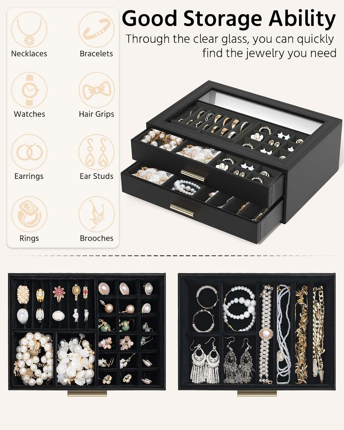 AKOZLIN Jewelry Box Organizer with Clear Lid 2 Drawers Black