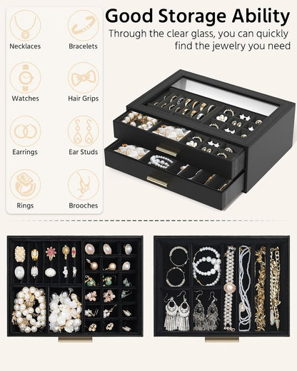 AKOZLIN Jewelry Box Organizer with Clear Lid 2 Drawers Black