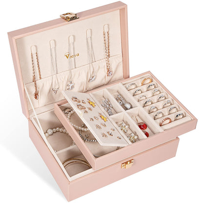 Voova 2 Layer Jewelry Box Organizer with Removable Tray, Vintage Gift, Apricot