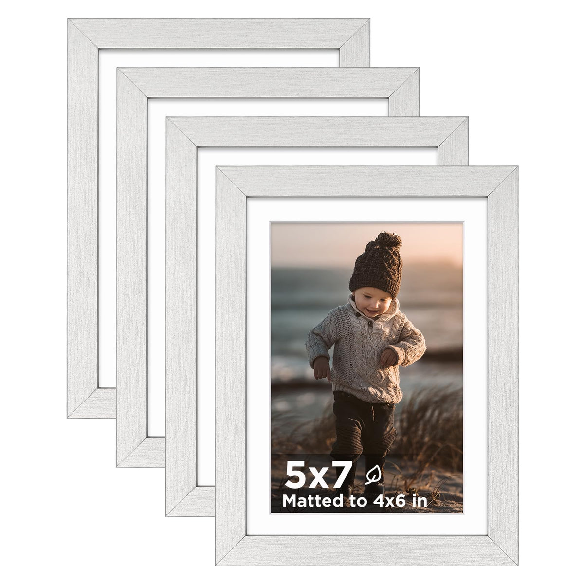 KINLINK 5x7 Picture Frame White Set of 4, Wooden Photo Frames Matted 4x6 with Plexiglass for 4x6 with Mat or 5x7 without Mat for Table and Wall Display