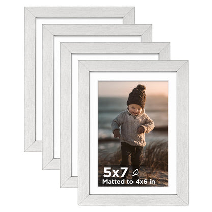 KINLINK 5x7 Picture Frame White Set of 4, Wooden Photo Frames Matted 4x6 with Plexiglass for 4x6 with Mat or 5x7 without Mat for Table and Wall Display