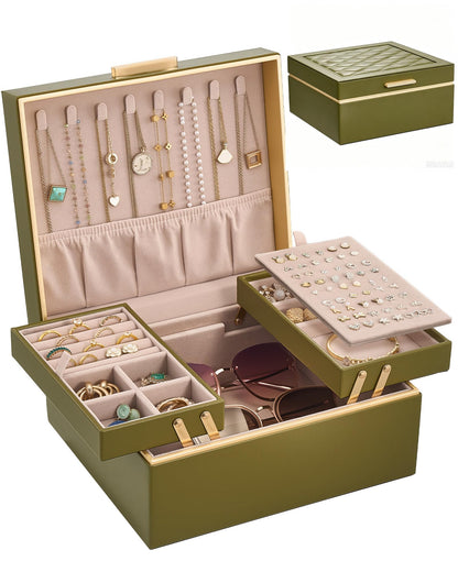 Lolalet Jewelry Box for Women Girls, 2 Layer Jewelry Organizer -Cream