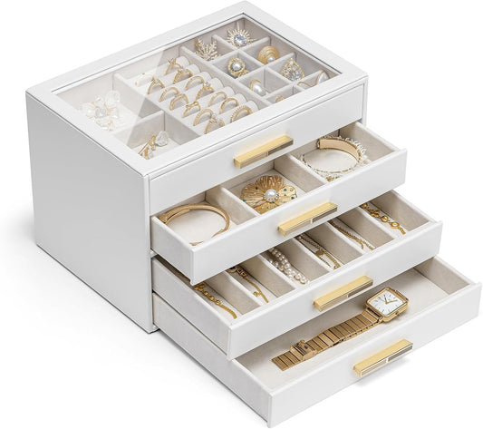 Vlando 4-Drawer Jewelry Box Organizer with Glass Lid, White