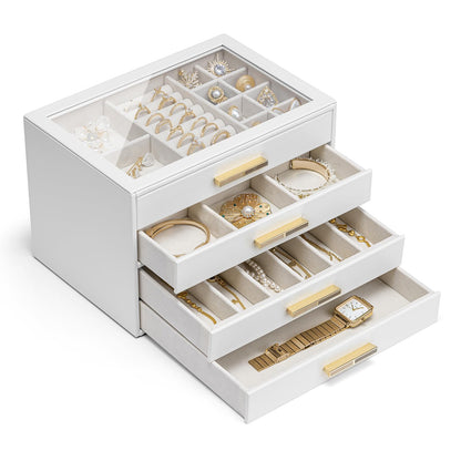 Vlando 4-Drawer Jewelry Box Organizer with Glass Lid, White