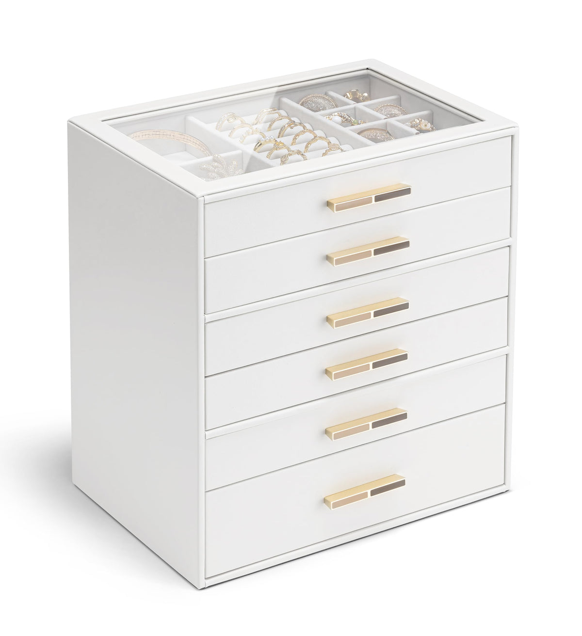 VLANDO Jewelry Box Organizer, 3-Layer Storage Drawers, Glass Window, Modern