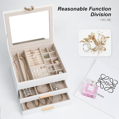 Jewelry Storage Box for 150+ Items - Features a Mirror, Smooth Gliding Drawers, and Non-Slip Earring Pads for Maximum Organization White