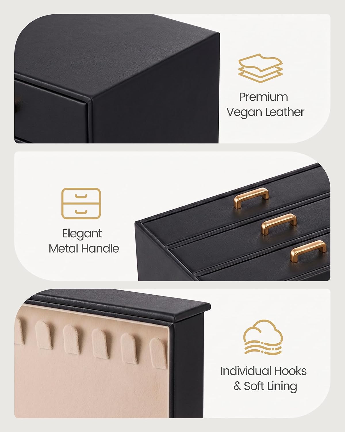 Lolalet Large Jewelry Box Organizer for Women, PU Leather Jewelry Case with Necklace Holder & Multiple Drawers, Tabletop Dresser Storage for Earrings Rings Chains, Gift for Girls -M, Black