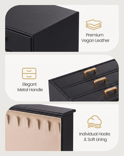 Lolalet Large Jewelry Box Organizer for Women, PU Leather Jewelry Case with Necklace Holder & Multiple Drawers, Tabletop Dresser Storage for Earrings Rings Chains, Gift for Girls -M, Black