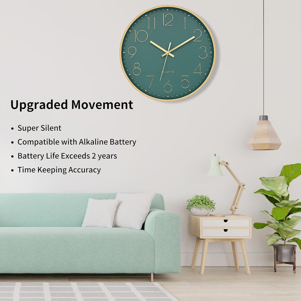 Foxtop 12" Modern Wall Clock Silent Battery Operated Clock, Green Gold