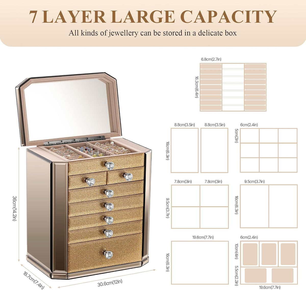 High End Glass Jewelry Box for Women, 7 Layer, Gold