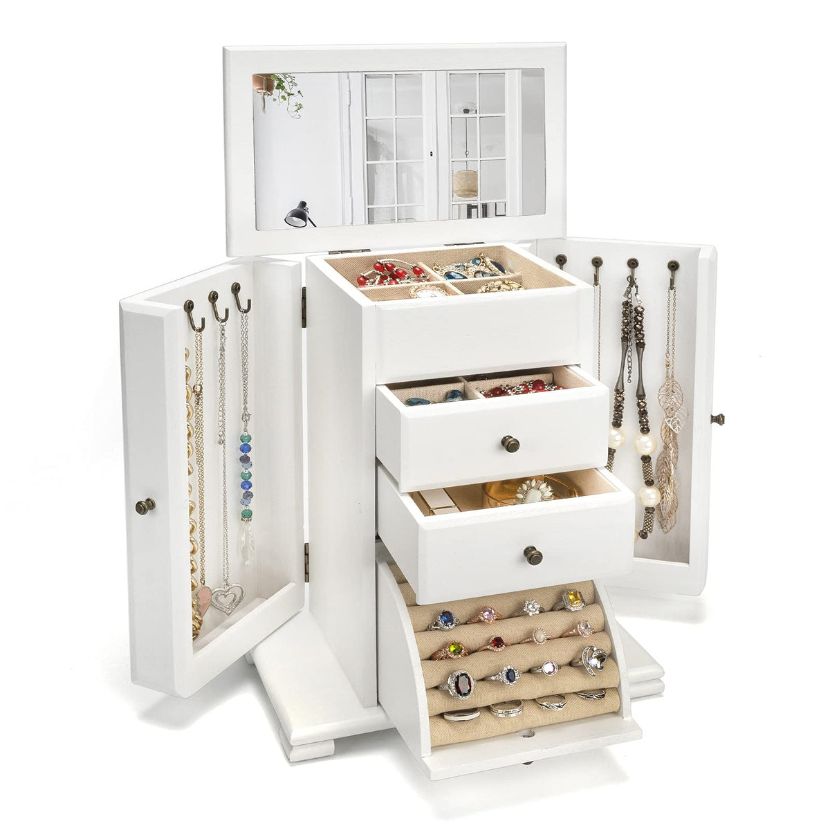 Emfogo Jewelry Box for Women, Rustic Wooden Jewelry Boxes & Organizers with Mirror, 4 Layer Jewelry Organizer Box Display for Rings Earrings Necklaces Bracelets (Rustic Brown)