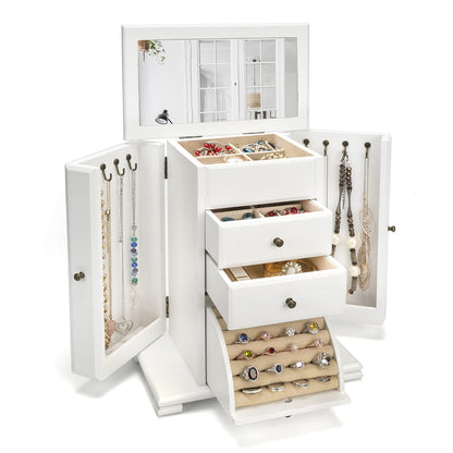 Emfogo Jewelry Box for Women, Rustic Wooden Jewelry Boxes & Organizers with Mirror, 4 Layer Jewelry Organizer Box Display for Rings Earrings Necklaces Bracelets (Rustic Brown)
