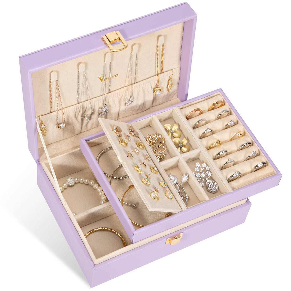 Voova 2 Layer Jewelry Box Organizer with Removable Tray, Vintage Gift, Apricot