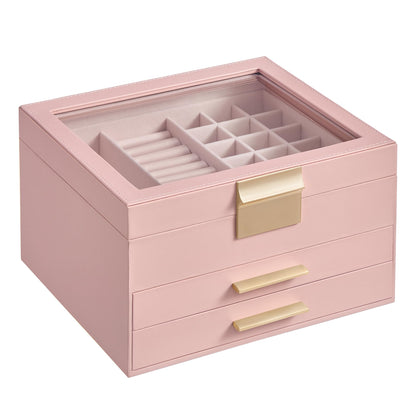 SONGMICS Jewelry Box Organizer, 3-Layer Storage with 2 Drawers, Glass Lid