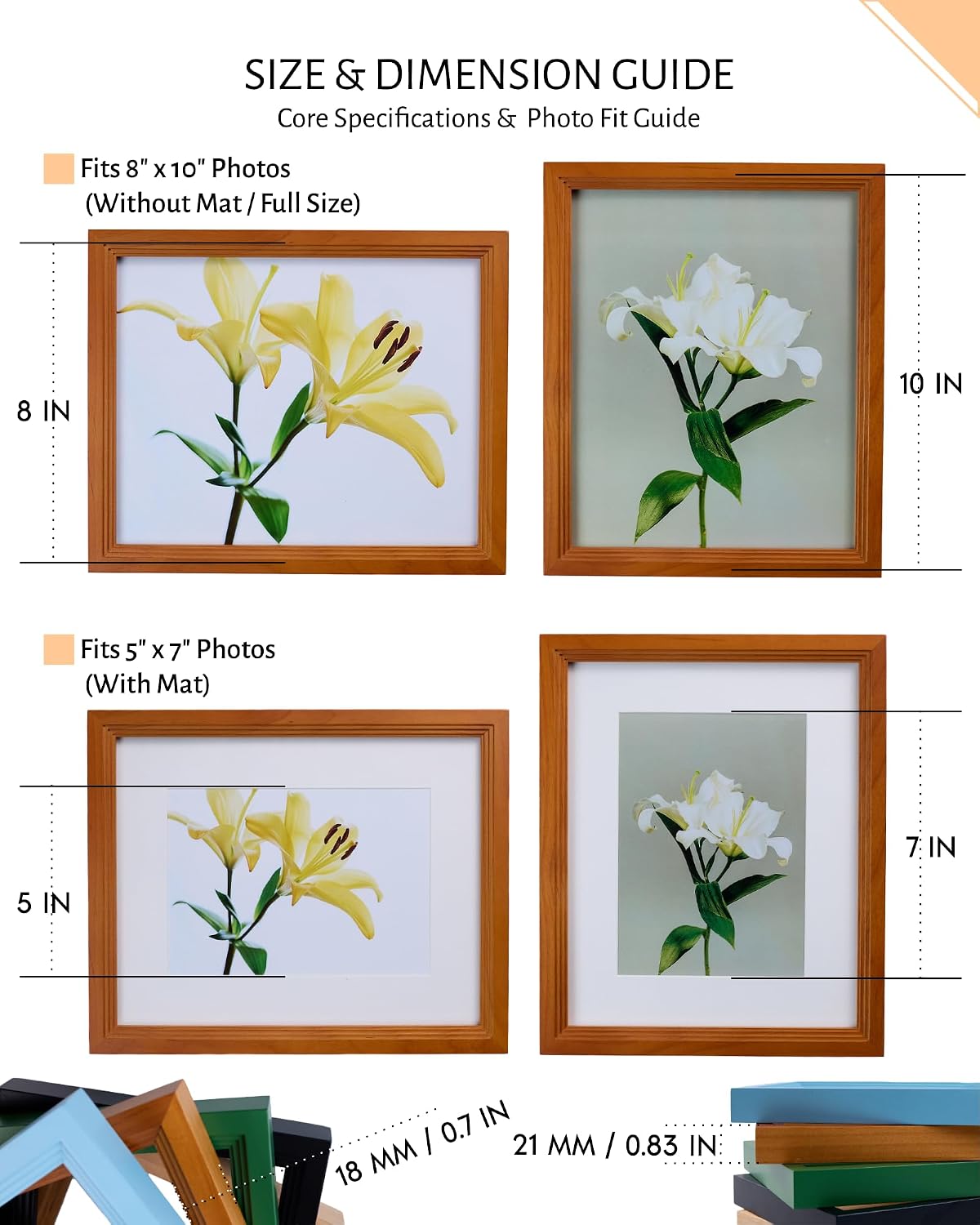 8x10 Wooden Picture Frame, Displays 8x10 Without Mat or 5x7 With Mat, Solid Wood Colorful Photo Frame for Wall Tabletop, Real Glass, Rustic Stepped Edge, 2 Pack, Brown