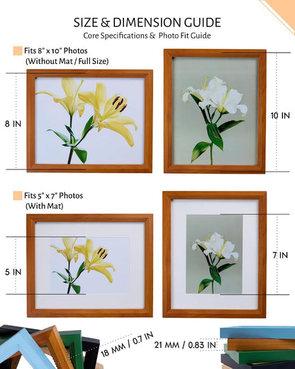 8x10 Wooden Picture Frame, Displays 8x10 Without Mat or 5x7 With Mat, Solid Wood Colorful Photo Frame for Wall Tabletop, Real Glass, Rustic Stepped Edge, 2 Pack, Brown